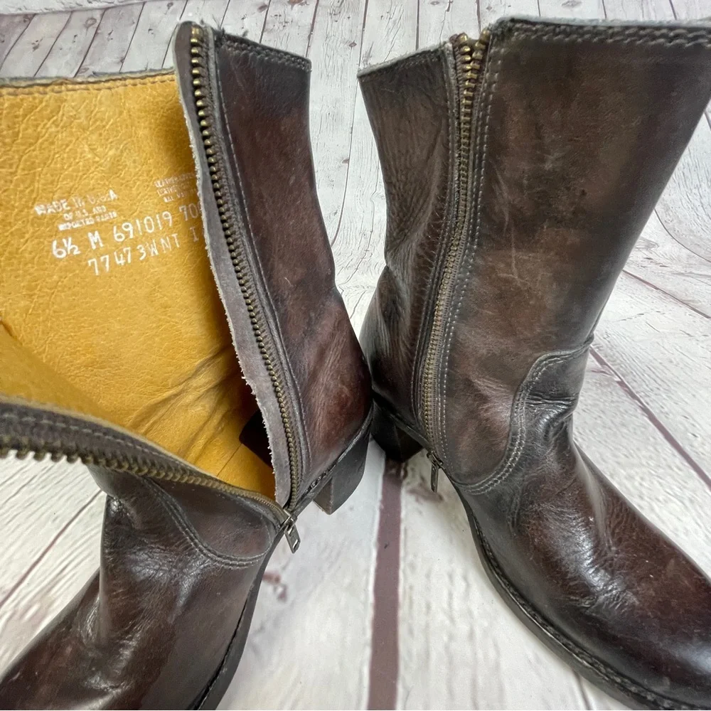 FRYE Sabrina brown leather block heel round toe campus mid boots, size 6.5 - Picture 8 of 15